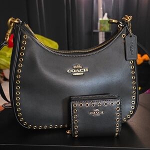 Coach Black Leather Shoulder Bag with Gold Studs